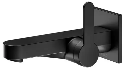Schwarzer Wandmischer von Keuco mit einem modernen Design und einem langen Auslauf. Der Hebel zur Temperatureinstellung ist ergonomisch geformt.